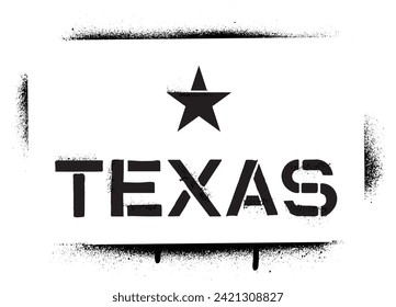 Spray graffiti stencil TEXAS and star over white.