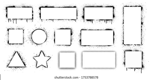 Spray graffiti stencil with white frame for text. Stencil frames with brush splash. Black airbrushing paint banner, rectangular stencil border. Set stencil border isolated on white background. Vector