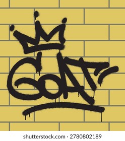 Spray graffiti tag abbreviation GOAT. Yellow brick wall background. Great Of All Times.