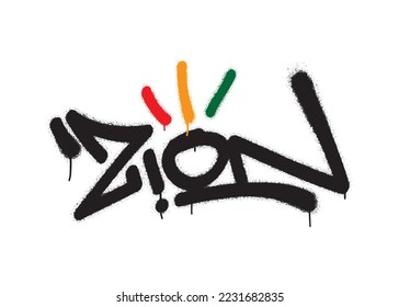 Spray graffiti tag ZION. The land of salvation, promise and return from exile. Reggae colors, red, yellow, green. The concept of freedom.