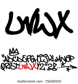 Spray graffiti tagging font. Letters ''U'', ''V'', ''W'', ''X''. Part 6