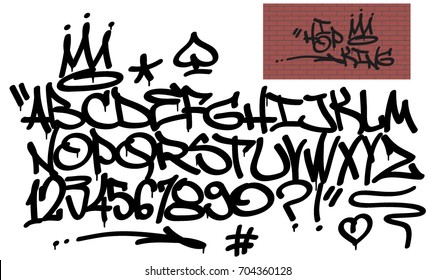 Spray Graffiti Tagging Font And Signs (crown, Heart, Star, Arrow, Dot, Quotation Mark, Number, Spade). ''Hip-hop King''  Quote On Brick Wall Background.