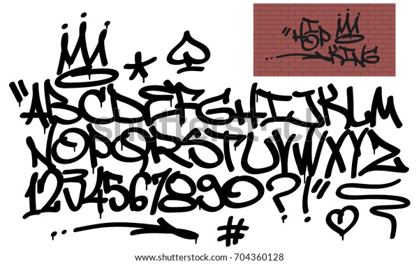 Spray graffiti tagging font and signs\
(crown, heart, star, arrow, dot, quotation mark, number, spade).\
\'\'Hip-hop king\'\'  quote on brick wall\
background.