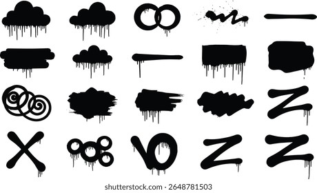 Spray graffiti texture with smudges and drops. Street aerosol clouds vector templates. Spray paint shapes, graffiti mockups, stencil. Street art with splashes and dripping paint. 