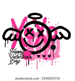 Spray graffiti winged cupid emoji over sprayed abstract shapes and xoxo lettering. Trendy 90s vintage Vector Illustration for grunge greeting card design.