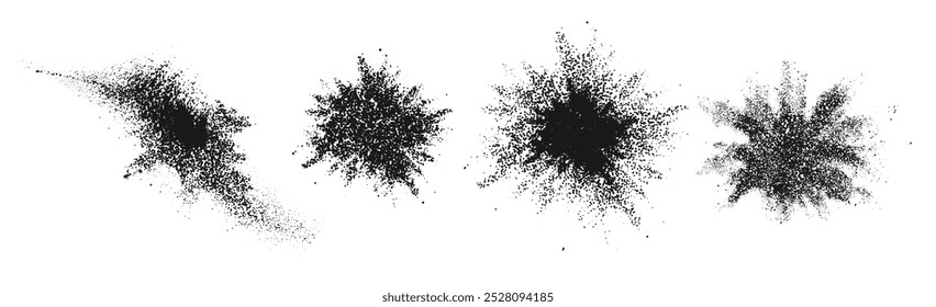 Spray grunge powder dots, paint or brush stroke with burst or explosion effect. Vector isolated splashing texture with grains and noise. Sand or dirt, stipple brushed shapes, rounded forms