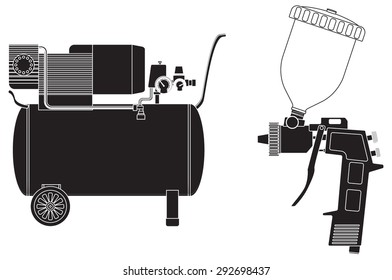 Spray gun, Air compressor. Vector Illustration isolated on white background.