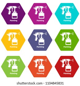 Spray gun icons 9 set coloful isolated on white for web