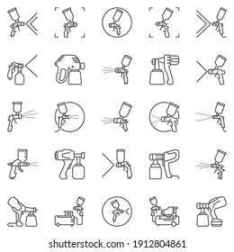 Spray Gun And Paint Sprayer Outline Vector Concept Icons Set. Handheld Paint Sprayers Linear Signs