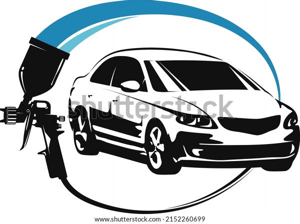 Spray gun symbol for painting auto. Car silhouette\
and painting tool