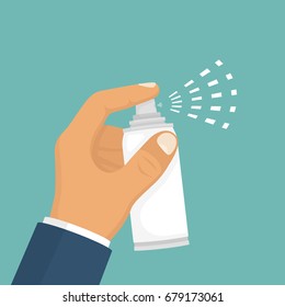 Spray in hand. Spray bottle. Spray canister hold man. Vector illustration flat design. Isolated on white background. Template for different gases, mixture, liquid. Aerosol can.
