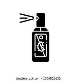 Spray hand sanitizer black glyph icon. Antibacterial liquid wash in bottle with dispenser. Cleaning foam for personal hygiene. Silhouette symbol on white space. Vector isolated illustration