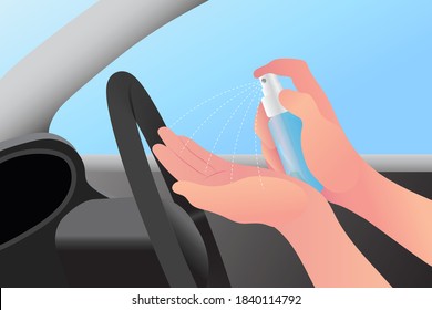 Pulveriza un desinfectante para matar bacterias en el auto. pulverización con alcohol. prevenga Covid-19 o Coronavirus antes de conducir un coche. Antiséptico, Higiene, Salud.