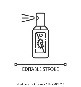 Spray hand sanitizer linear icon. Antibacterial liquid wash in bottle with dispenser. Thin line customizable illustration. Contour symbol. Vector isolated outline drawing. Editable stroke