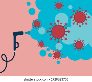 Spray hose and smoke with covid 19 virus design, Disinfects clean antibacterial and hygiene theme Vector illustration