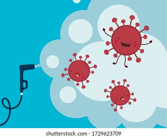 Spray hose and smoke with covid 19 virus cartoons design, Disinfects clean antibacterial and hygiene theme Vector illustration