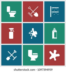 Spray icon. collection of 9 spray filled icons such as shovel and rake, splash, toilet. editable spray icons for web and mobile.