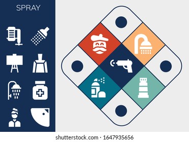 conjunto de iconos de spray. 13 iconos de pulverización rellenos. Incluye cañón de agua, artista, ducha, drogas, lienzo, Dustpan, compresor, pulverización, íconos de pintura