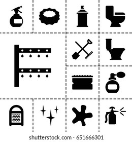Spray icon. set of 13 filled sprayicons such as shovel and rake, perfume, spray bottle, clean, splash, toilet, sponge, spray paint