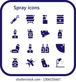 spray icon set. 16 filled spray icons.  Simple modern icons about  - Water gun, Canvas, Cleaning spray, Drug, Artist, bottle, Inhaler, Inks, Shower, Gel, Mosquito