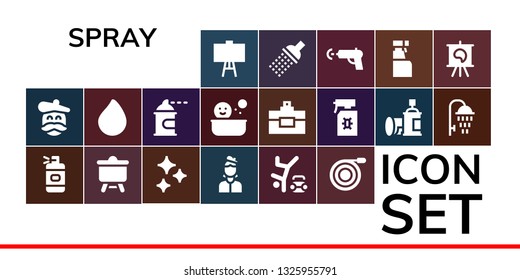 spray icon set. 19 filled spray icons.  Collection Of - Canvas, Artist, Spray bottle, Clean, Hip hop, Hose, Paint drop, paint, Shower, Perfume, Water gun, Cleaning
