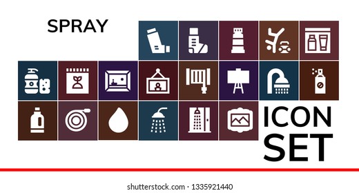 spray icon set. 19 filled spray icons.  Simple modern icons about  - Inhaler, Shampoo, Detergent, Hose, Paint drop, Shower, Painting, Fertilizer, Canvas, Insecticide, Paint, Hip hop