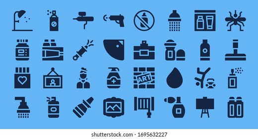 conjunto de iconos de spray. 32 iconos de pulverización rellenos. en el estilo de fondo azul Iconos modernos sencillos como: Ducha, Tinta, Fármaco, Insecticida, Pintura, Frasco de Spray, Aire Acondicionado, Aire Acondicionado