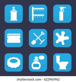 Spray icon. set of 9 filled spray icons such as shovel and rake, perfume, splash, toilet, sponge