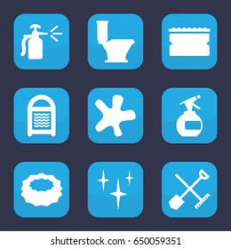 Spray icon. set of 9 filled spray icons such as shovel and rake, spray bottle, clean, splash, toilet