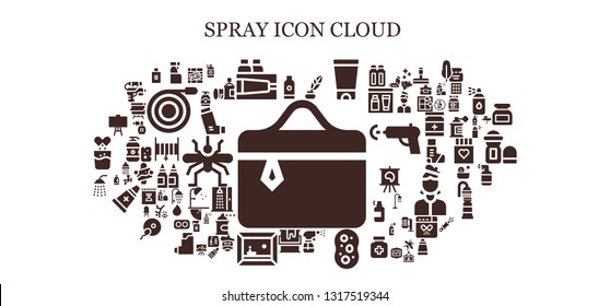 spray icon set. 93 filled spray icons.  Collection Of - Cosmetics, Shampoo, Cleaning spray, Paint, Ink, Gel, Sponge, Painting, Shower, Canvas, Graffiti, bottle, Inhaler