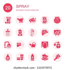 spray icon set. Collection of 20 filled spray icons included Drugs, Watering can, Compressor, Pepper spray, Shower, Artist, Water gun, Painting, Cleaning, Perfume, Blood drop