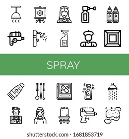 Spray Icon Set. Collection Of Shower, Water Gun, Canvas, Maid, Cleaning Products, Ear Spray, Artist, Ink, Art, Ointment, Cleaning Brush, Pharmacy, Spray, Sponge Icons