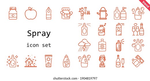 spray icon set. line icon style. spray related icons such as sun lotion, paint spray, shower, storm, marshall, paint, medicine, perfume, detergent, apple, sun cream, champagne, watering can, 