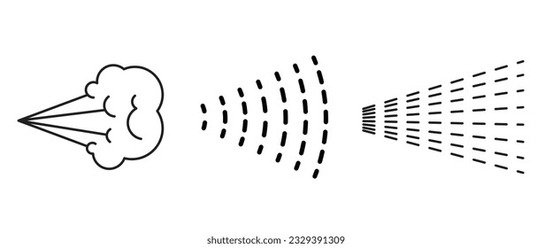 Juego de iconos de Spray. El agua cae en el pulverizador de pelo. Nubes de gas.