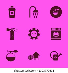 spray icon set with watering can, water mill and sun oil vector illustration