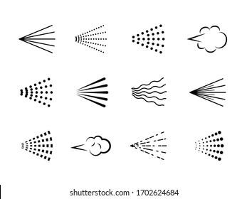 Pulverizar iconos. Silueta negra de gas de dispersión, nube desodorante de boquilla. Colocación de símbolos de agua limpia, neblina de aerosol para aerosol, vectores de vapor para pulverizador