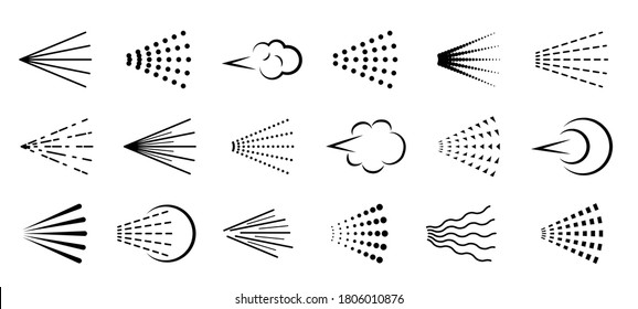 Spray icons. Scatter gas black silhouette, nozzle nebulizer cloud. Clean water symbol drop, hairspray, graffiti, perfume or deodorant aerosol haze, sprayer steam vector line isolated on white set