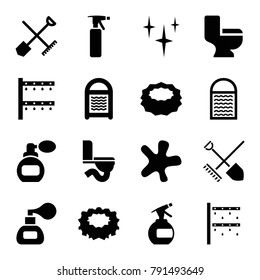 Spray icons. set of 16 editable filled spray icons such as shovel and rake, perfume, spray bottle, clean, splash, sponge, toilet