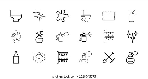 Spray icons. set of 18 editable outline spray icons: shovel and rake, perfume, clean, splash, toilet, irrigation system