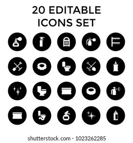 Spray icons. set of 20 editable filled spray icons such as shovel and rake, clean, sponge, toilet, irrigation system. best quality spray elements in trendy style.