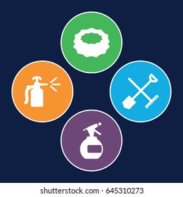 Spray icons set. set of 4 spray filled icons such as shovel and rake, spray bottle
