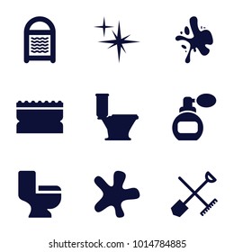 Spray icons. set of 9 editable filled spray icons such as shovel and rake, perfume, splash, toilet, sponge