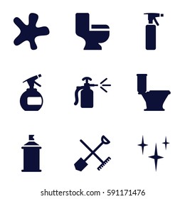 spray icons set. Set of 9 spray filled icons such as shovel and rake, clean, splash