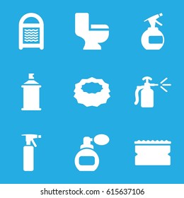 Spray icons set. set of 9 spray filled icons such as perfume, sponge