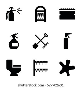 Spray icons set. set of 9 spray filled icons such as shovel and rake, spray bottle, splash, sponge, toilet