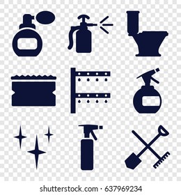 Spray icons set. set of 9 spray filled icons such as shovel and rake, perfume, spray bottle, clean, toilet, sponge
