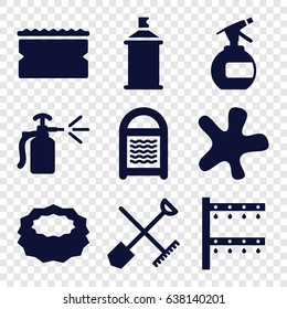 Spray icons set. set of 9 spray filled icons such as shovel and rake, splash, sponge