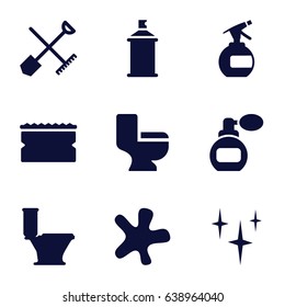 Spray icons set. set of 9 spray filled icons such as shovel and rake, perfume, clean, splash, toilet