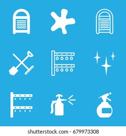 Spray icons set. set of 9 spray filled and outline icons such as shovel and rake, spray bottle, clean, splash, sponge