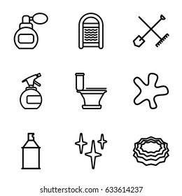 Spray icons set. set of 9 spray outline icons such as shovel and rake, perfume, clean, splash, toilet
